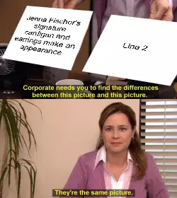 Jenna Fischer's signature cardigan and earrings make an appearance meme