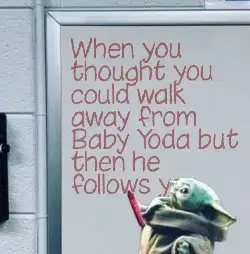 When you thought you could walk away from Baby Yoda but then he follows you meme