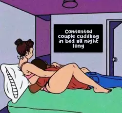 Contented couple cuddling in bed all night long meme