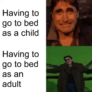 Having to go to bed as a child
Having to go to bed as an adult meme