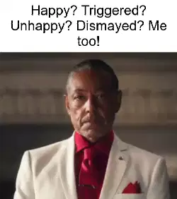 Happy? Triggered? Unhappy? Dismayed? Me too! meme