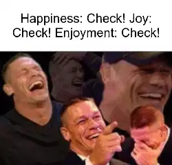 Happiness: Check! Joy: Check! Enjoyment: Check! meme