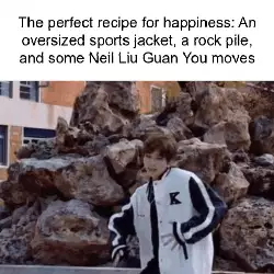 The perfect recipe for happiness: An oversized sports jacket, a rock pile, and some Neil Liu Guan You moves meme