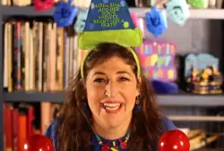 Mayim Bialik and her book shelves, ready for a party! meme