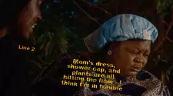 Mom's dress, shower cap, and plants are all hitting the floor - I think I'm in trouble meme