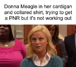 Donna Meagle in her cardigan and collared shirt, trying to get a PNR but it's not working out meme