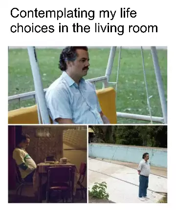 Contemplating my life choices in the living room meme