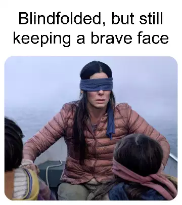 Blindfolded, but still keeping a brave face meme
