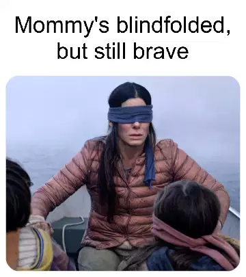 Mommy's blindfolded, but still brave meme