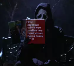 The moment when you realize the book cover has a mask on it meme