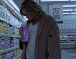 Jeff Lebowski double-checking the milk label meme